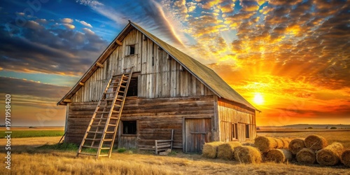 Rustic Wooden Barn at Golden Hour Sunset with Hay Bales and Ladder