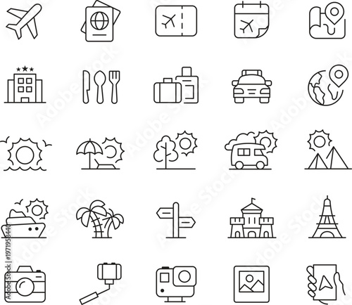 Travel and Vacation Line Icons Set with Airplane Passport Hotel Beach Camera and Tourism Elements Vector Illustration