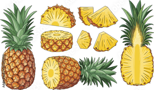 Vector illustration of pineapples whole, sliced, halved, rings, and wedges with detailed texture