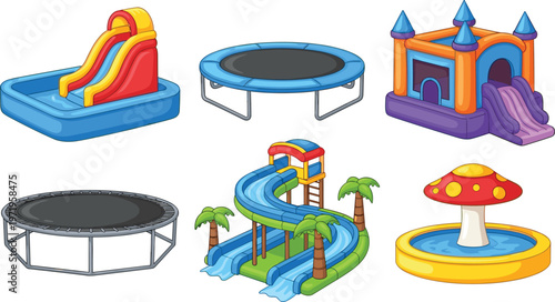 Illustration Set of Fun Outdoor Playground Equipment Including Slide, Trampoline, Bounce House, and Water Slide for Kids and Recreation Designs