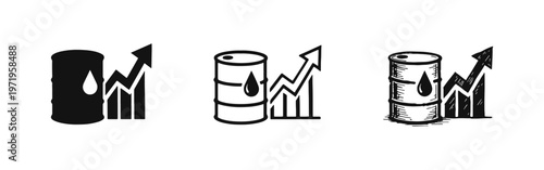 Rising Oil Prices Icon Set. Crude Oil Barrel with Upward Trend Chart. Fuel Price Growth Vector Symbols for Economy and Market.