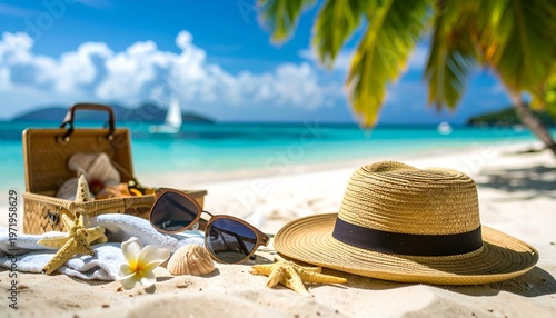 Beach getaway still life with hat, sunglasses, and open basket set against a bright tropical scene