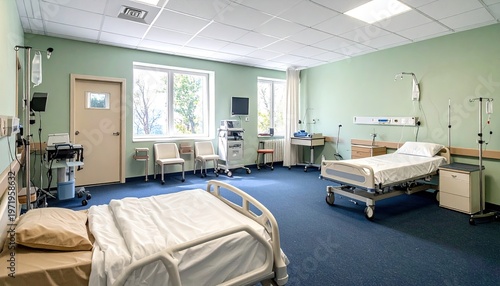 Bright hospital room, beds present, equipment visible, and sunlight streaming in