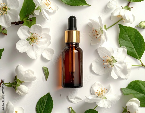 Amber glass dropper bottle surrounded by white blossoms on a white surface
