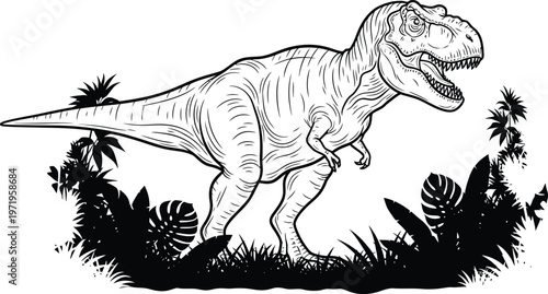 Tyrannosaurus Rex Skeleton Walking through Jungle Foliage in Black and White