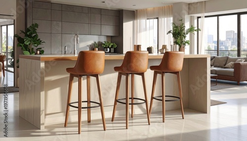 Modern kitchen island with three brown stools, bright light