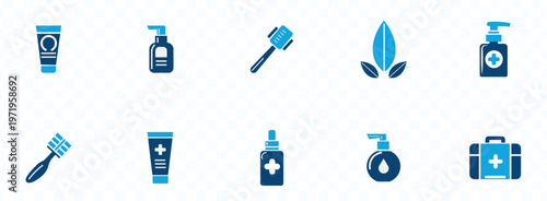 A collection of flat blue glyph icons depicting various men s grooming and personal hygiene products including skincare and accessories high quality professional