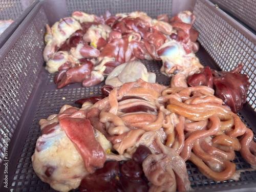 Konstfotografi Fresh raw chicken offal including intestines and liver piled inside a metal basket