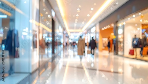 Blurred image of a bustling indoor retail space, shoppers strolling