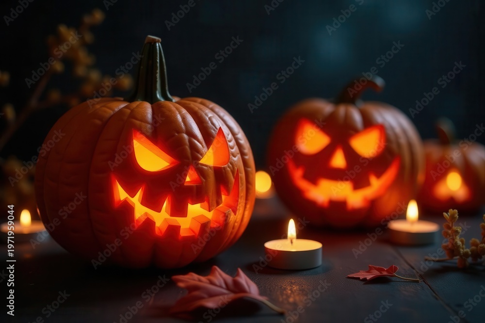 Fototapeta premium Intricate pumpkin carvings illuminated by flickering candle flames, candle, flame, craft