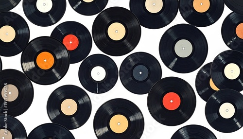 Collection of vinyl records with colored labels scattered on a white background