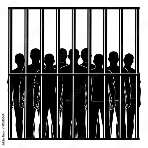 Silhouettes of people standing behind prison bars.