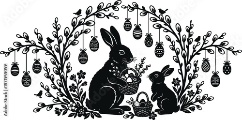  Vintage Easter Bunny Family Silhouette Composition with Pussy Willow Branches and Decorative Hanging Eggs Vector Illustration 2026 