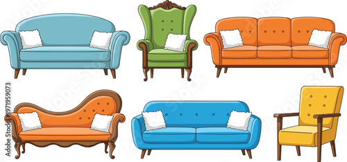 Illustration Set of Stylish Sofas and Armchairs in Various Colors and Designs for Furniture, Interior, and Home Decor Projects