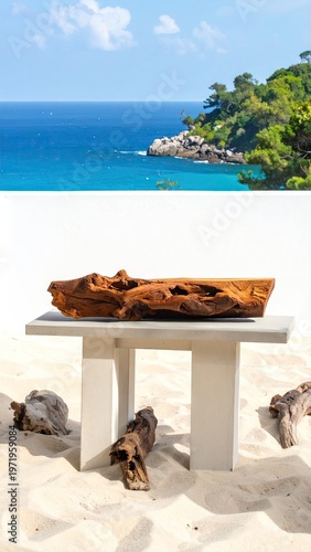 Seaside view with a unique wooden feature on a table in the sand