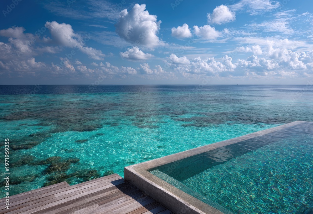 Fototapeta premium Infinity pool overlooking vibrant turquoise ocean and coral reefs