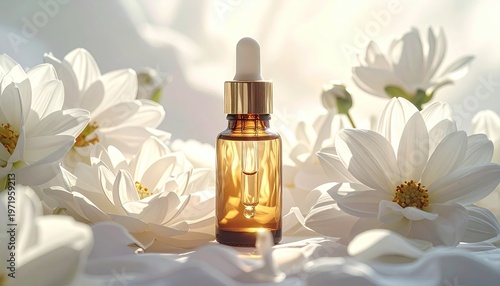 Amber glass bottle with dropper, surrounded by white flowers