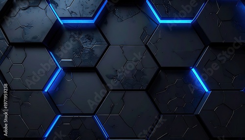 Abstract dark hexagonal tile pattern with glowing blue accents