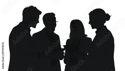 Business team silhouettes collaborate in a group discussion, representing teamwork, strategy, and corporate.