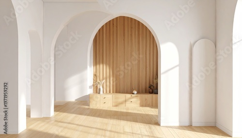 Bright interior, archways, wood panels, minimalist style with natural light