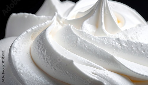 Swirling, close-up view of fresh, fluffy, white cream on black backdrop