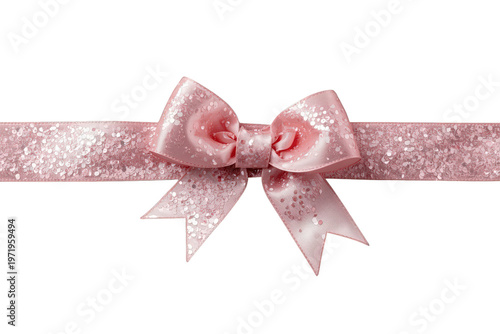Pink glitter satin ribbon bow for gift wrapping and celebrating happy holiday occasions, isolated on transparent background
