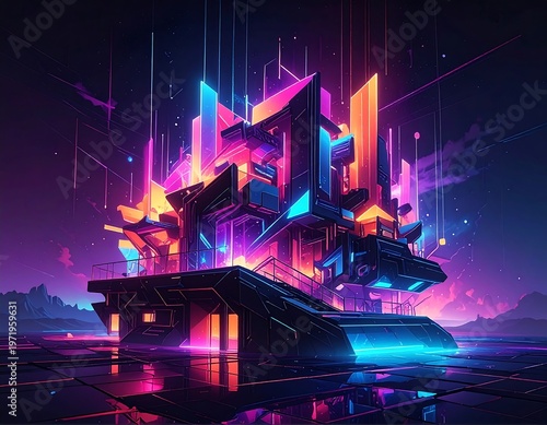 A futuristic neon-lit structure amidst a dark, mysterious landscape