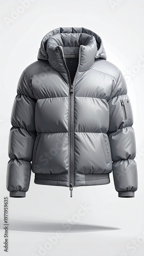 Shiny, puffy grey down jacket with a hood, zippered front, and pockets