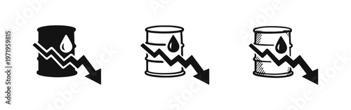 Falling Oil Prices Icon Set. Crude Oil Barrel with Downward Trend. Fuel Price Decrease Vector Symbols for Economic Decline.