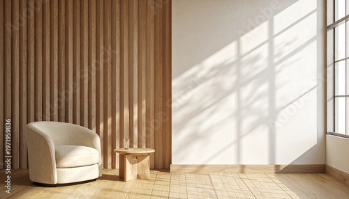Modern interior featuring wood paneling, an armchair, table, and sunlit wall