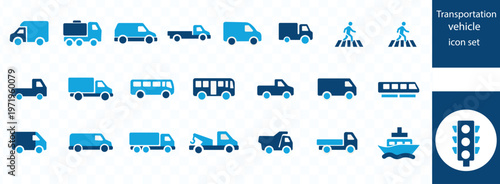 This image displays a collection of flat blue transportation vehicle icons including trucks buses cars and pedestrian symbols high quality professional detailed modern