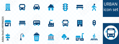 A collection of flat blue urban icons depicting buildings transportation street furniture and pedestrian elements high quality professional detailed modern elegant stylish clean