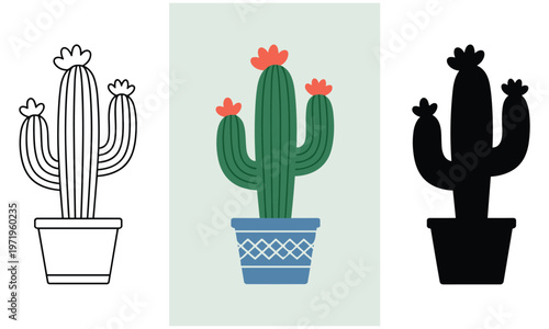 Three distinct vector illustrations of cacti in pots with varying designs and colors for decorative or educational use in digital and print media projects