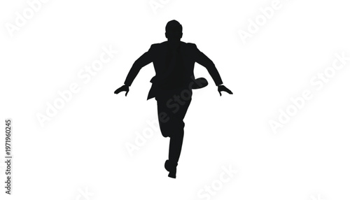 Businessman in a suit runs forward with arms outstretched, conveying urgency and dynamic movement.
