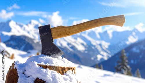 Axe on a snowy stump with mountains in the bright background