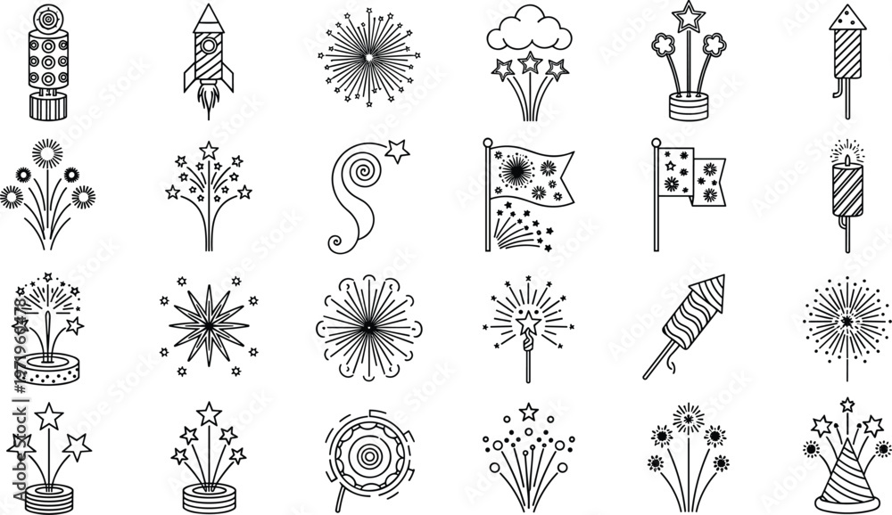 Fototapeta premium Fireworks Icon Set with Sparkler, Rocket, Burst, and Celebration Effects in Outline Style for Festival and Holiday Design Elements