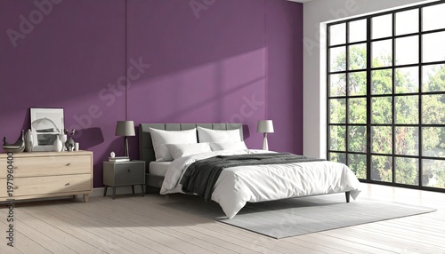Interior of a modern bedroom with purple wall and large window