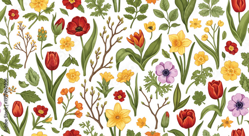 Colorful Floral Pattern with Red Tulips, Yellow and Purple Flowers on White Background
