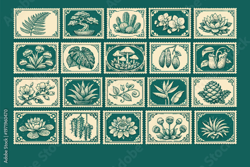 Vintage Botanical Postage Stamp Sheet Illustrations Green Floral Designs Collection 
