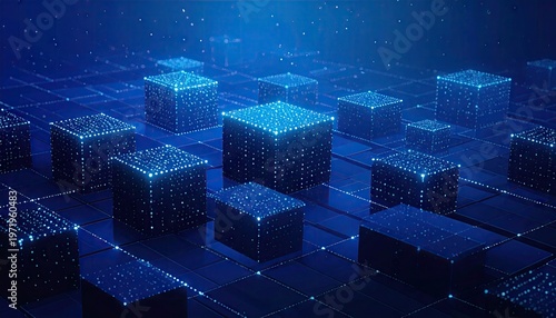 Luminous blue cubes arranged on a grid, hinting at digital networks