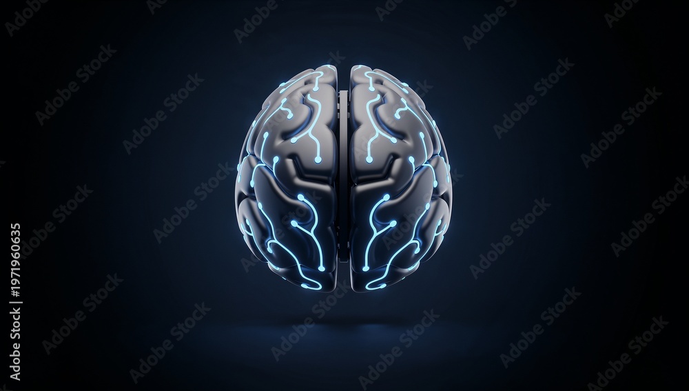 Obraz premium Futuristic AI Brain with Glowing Neural Network, Clean Blue Neon Technology Concept