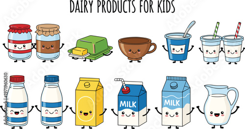 Cute Dairy Products for Kids Illustration Set with Milk, Yogurt, Cheese, and Drinks in Kawaii Style for Food, Children, and Cartoon Designs