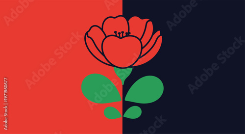 Red flower with green leaves on split red and dark blue background split background