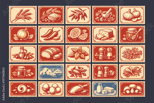 Vintage Style Postage Stamps Collection Featuring Various Seafood and Marine Life Illustrations 