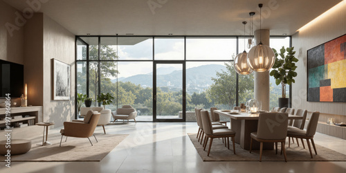 Elegant Open-Concept Dining Room with Floating Furniture, Glass Walls, and Soft Recessed Lighting - A sophisticated dining room with floating