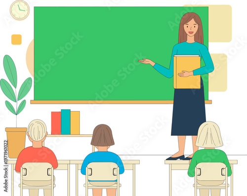 A Teacher standing in front of a blackboard pointing at it, with students sitting at desks in a classroom during a lesson