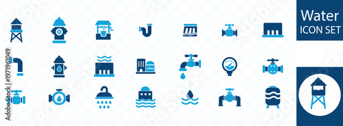 A collection of blue water infrastructure icons depicts various components like hydrants pipes valves and water towers high quality professional detailed modern elegant