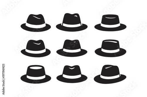 A collection of black fedora hats arranged in a grid pattern