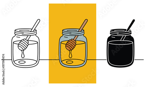 Vector graphic illustration of three jars with honey dipper sticks, showcasing different honey colors and jar designs in a simple, modern style.