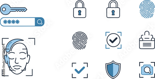 Biometric security and authentication icons set with fingerprint face recognition password lock and verification symbols flat vector illustration